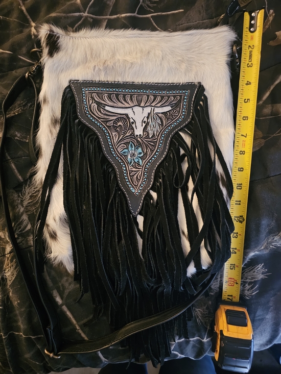 Handbags - Cowhide Fringe Crossbody Bag with Tooled Western Front